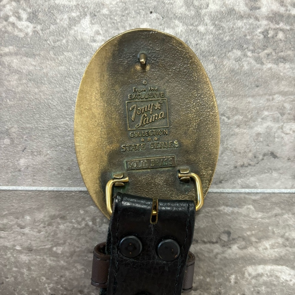 Vtg Tony Lama State of Texas Brass Buckle Western Leather Belt Concho 48” Aztec - Picture 3 of 14